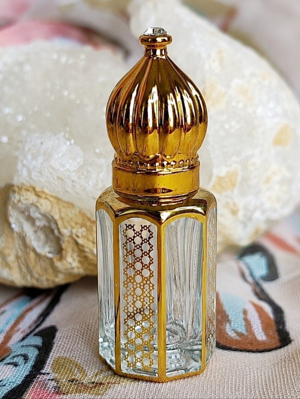 Vintage Reproduction Small Glass & Gold Perfume Bottle with Dauber Crystal Top